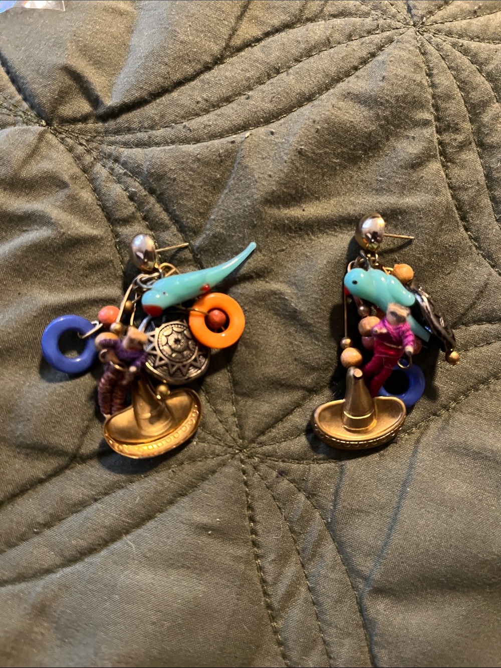 “Colorful Mix”-Material Bird Charm Earrings - Turquoise & Orange
